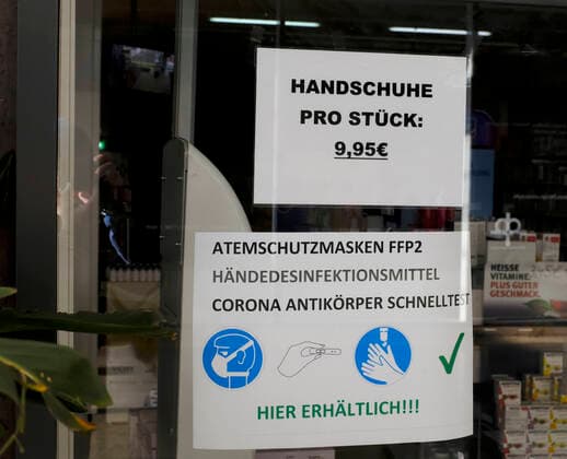 CORONA PANDEMIE,CORONAVIRUS,COVID 19,Signs with the inscription gloves per piece 9,95â¬,Respiratory protection masks FFP2,Hand disinfectant,Corona antibodies quick test,available here,photographed on 13 04 2020 in the shop window of a pharmacy in the city of Essen in the Ruhr area in the federal state North Rhine-Westphalia NRW Â