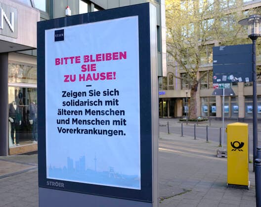 CORONA PANDEMIE,CORONAVIRUS,COVID 19,poster,Please stay at home,photographed on 13 04 2020 in the city of Essen in the Ruhr area in the federal state of North Rhine-Westphalia NRW Â