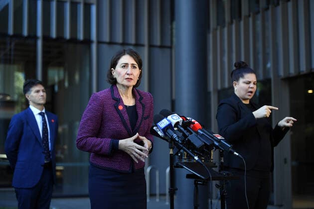 GLADYS BEREJIKLIAN CORONAVIRUS PRESSER, NSW Premier Gladys Berejiklian speaks to the media during a press conference in Sydney, Tuesday, April 14, 2020. ( NO ARCHIVING, EDITORIAL USE ONLY, NO USE IN BOOKS WITHOUT CONSENT SYDNEY NSW AUSTRALIA  Copyright: xJOELxCARRETTx 20200414001463383098
