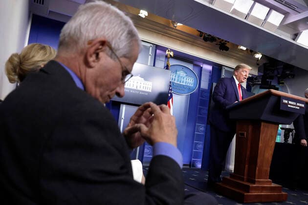 Director of the National Institute of Allergy and Infectious Diseases at the National Institutes of Health Dr. Anthony Fauci listens to United States President Donald J. Trump at the Coronavirus Task Force press briefing at the White House in Washington on April 13, 2020. Copyright: xYurixGripasx xPoolxviaxCNPx MediaPunchx