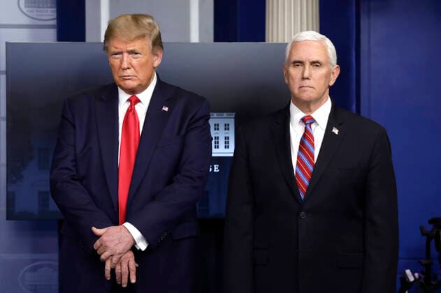April 13, 2020, Washington, District of Columbia, USA: United States President Donald J. Trump and US Vice President Mike Pence listen to questions from the media at the Coronavirus Task Force press briefing at the White House in Washington on April 13, 2020. .Credit: Pool via CNP Washington USA - ZUMAs152 20200413_zaa_s152_060 Copyright: xYurixGripasx