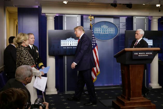 United States President Donald J. Trump departs and turns the briefing over to US Vice President Mike Pence during the Coronavirus Task Force press briefing at the White House in Washington on April 13, 2020. Copyright: xYurixGripasx xPoolxviaxCNPx MediaPunchx