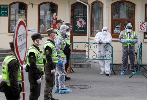 April 13, 2020, Kiev, Ukraine: National Guard soldiers block the entrance to Kyiv Pechersk Lavra in Kiev..Kyiv Pechersk Lavra shutdown for quarantine as the COVID-19 coronavirus hotbed. On 13 April 2020 Kyiv Mayor Vitaliy Klitschko has declared that the COVID-19 confirmed cases at the Kyiv Pechersk Lavra jumped to more than 90, including 63 cases confirmed over the past day. The Kyiv Pechersk Lavra, which is one the most important Orthodox shrines, since its foundation as the cave monastery in 1051, the Lavra has been a preeminent center of Eastern Orthodox Christianity in Eastern Europe. Kiev Ukraine - ZUMAs197 20200413_zaa_s197_200 Copyright: xPavloxGoncharx