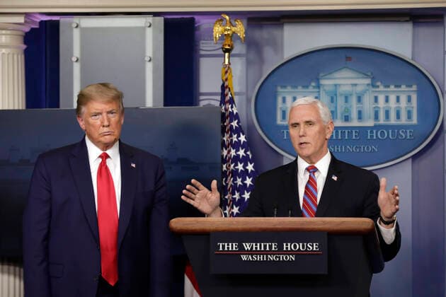 United States Vice President Mike Pence, right, speaks as US President Donald J. Trump listens at the Coronavirus Task Force press briefing at the White House in Washington on April 13, 2020. Copyright: xYurixGripasx xPoolxviaxCNPx MediaPunchx
