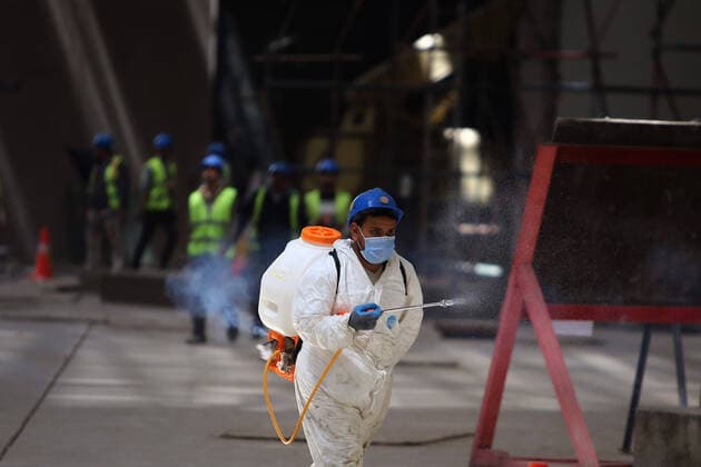 (200413) -- GIZA (EGYPT), April 13, 2020 (Xinhua) -- A worker sprays disinfectant in the Grand Egyptian Museum (GEM) in Giza, Egypt, on April 13, 2020. Egypt reported on Monday 125 new COVID-19 infections and five deaths, bringing the death toll in the country to 164, while the number of the confirmed cases jumped to 2,190. (Xinhua Ahmed Gomaa) EGYPT-GIZA-GRAND EGYPTIAN MUSEUM-COVID-19-MEASURES 