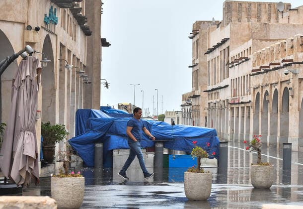 (200414) -- DOHA, April 14, 2020 (Xinhua) -- Tables and chairs are stacked in front of the restaurants at the Souq Waqif market amid the COVID-19 pandemic in Doha, capital of Qatar, April 13, 2020. (Photo by Nikku Xinhua) QATAR-DOHA-COVID-19 