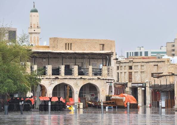 (200414) -- DOHA, April 14, 2020 (Xinhua) -- Tables and chairs are stacked in front of the restaurants at the Souq Waqif market amid the COVID-19 pandemic in Doha, capital of Qatar, April 13, 2020. (Photo by Nikku Xinhua) QATAR-DOHA-COVID-19 