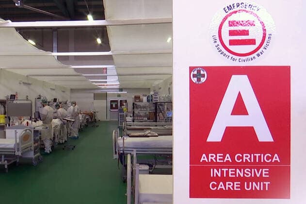 LOMBARDY, ITALY â€“ APRIL 14, 2020: The intensice care unit of a field hospital in Bergamo where Russian medics join their Italian counterparts in treating coronavirus patients, 31 of them already admitted, eight cured of the COVID-19 infection. Russian Defence Ministry TASS  TS0D59D1