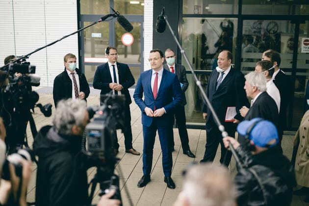 Federal Health Minister Jens Spahn CDU speaks to the press during a visit to the University Hospital Giessen on 14 04 2020 Giessen Germany Copyright: xXanderxHeinl photothek.netx