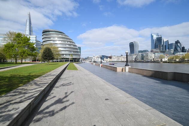 . 14 04 2020. London, United Kingdom. Coronavirus crisis. View of the London City Hall and the City of London, from the QueenÂ s walk, this morning, as the coronavirus lockdown continues. According the World Health Organisation restrictions should be lifted slowly and not all at once to avoid a resurgence of the virus. In this way Dominic Raab, who is deputising for Boris Johnson, will announce on Thursday that the lockdown will stay in place until at least May 7.  xGustavoxValientex xi-Imagesx IIM-21021-0012