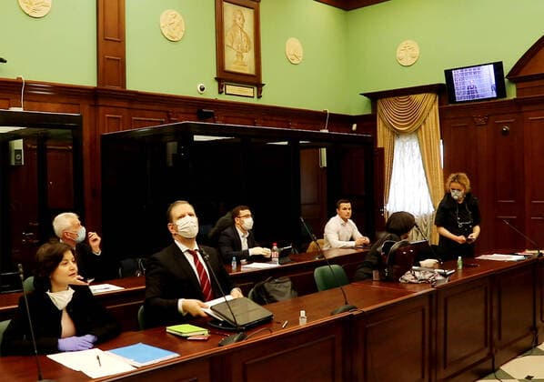 MOSCOW, RUSSIA - APRIL 14, 2020: A video screen grab shows participants in a hearing held at the Moscow City Court via video link with activist Konstantin Kotov to reconsider the appeal against his sentence; Kotov was sentenced to four years in prison in September 2019, on charges of multiple violations of rally regulations. Best quality available. Moscow City Court Press Office TASS  TS0D5A4A