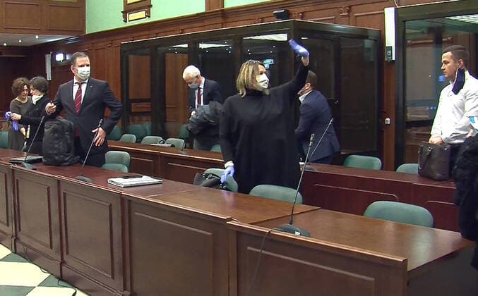 MOSCOW, RUSSIA - APRIL 14, 2020: A video screen grab shows participants in a hearing at the Moscow City Court to reconsider activist Konstantin Kotov s appeal against his sentence; Kotov was sentenced to four years in prison in September 2019, on charges of multiple violations of rally regulations. Best quality available. Moscow City Court Press Office TASS  TS0D5A4D