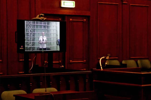 MOSCOW, RUSSIA - APRIL 14, 2020: A video screen grab shows a hearing held at the Moscow City Court via video link with activist Konstantin Kotov to reconsider the appeal against his sentence; Kotov was sentenced to four years in prison in September 2019, on charges of multiple violations of rally regulations. Best quality available. Moscow City Court Press Office TASS  TS0D5A1F