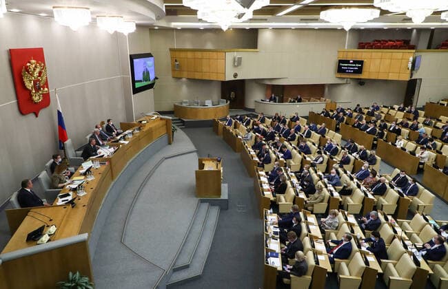 MOSCOW, RUSSIA - APRIL 14, 2020: A plenary meeting takes place at the Russian State Duma. Anton Novoderezhkin TASS  TS0D5A33
