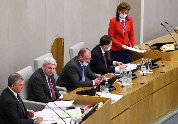 MOSCOW, RUSSIA - APRIL 14, 2020: Russian State Duma Chairman Vyacheslav Volodin, his deputies Ivan Melnikov, Igor Lebedev and Alexei Gordeyev (L-R) attend a State Duma plenary meeting. Anton Novoderezhkin TASS  TS0D5A6C