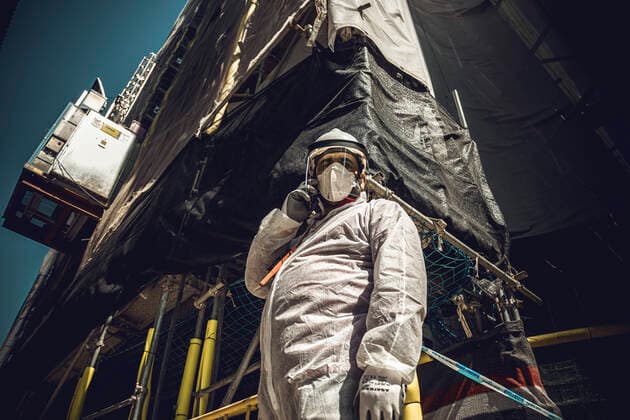 April 14, 2020, Barcelona, Catalonia, Spain: A construction worker with a protective face mask returns to his working place in Barcelona after coronavirus restrictions have been eased for non-essential workers at the end of the first month of a nationwide lockdown due to the continuous spread of COVID-19. Spain registered 300 new fatalities totaling a death toll of over 18000 so far. Barcelona Spain - ZUMAo105 20200414_zap_o105_009 Copyright: xMatthiasxOesterlex