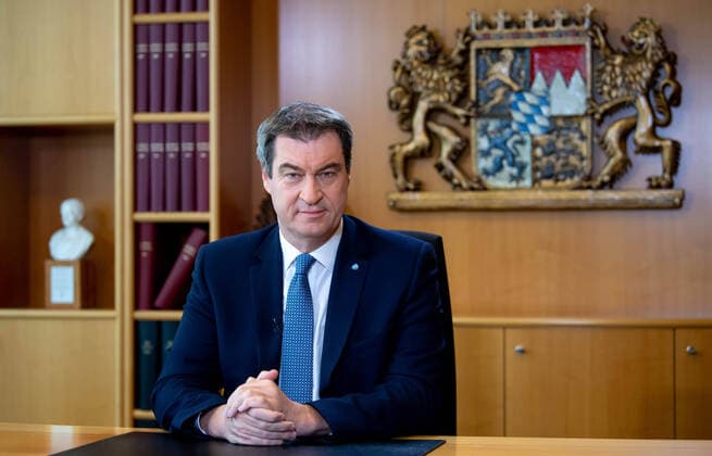 Easter speech by Minister President Söder on 11 04 2020 in Munich Markus Söder CSU , Minister President of Bavaria, sits at his desk shortly before the recording of his Easter speech for Bavarian Television BR In his speech he discusses the current situation in the Corona Pandemic xRJPGx