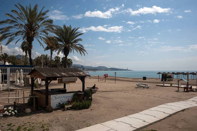 April 14, 2020, Malaga, Spain: Malagueta beach closed due to the confinement regulations amid coronavirus outbreak..Spaniards get back to their jobs after finishing the standstill of all work activities and services not essential due to the alarm state caused by the outbreak of coronavirus disease (COVID-19) in Spain. Malaga Spain - ZUMAs197 20200414_zaa_s197_074 Copyright: xJesusxMeridax