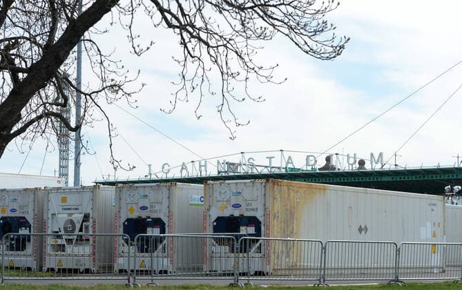April 14, 2020, New York Manhattan, USA: 69 refrigerated trailers sat in a parking lot outside of Icahn Stadium on Randall s Island. The island has recently been transformed into a temporary morgue for the dead, as trenches are being dug on Hart Island in the NYC to store unclaimed bodies. Death toll in N.Y. 6,182 as confirmed cases 106,813 04 11 20. New York Manhattan Randalls Island Icahn Stadium New York Manhattan USA - ZUMAs252 20200414_znp_s252_001 Copyright: xMarcusxSantosx
