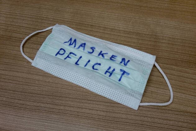 Mask duty Mask duty, 14 04 2020, Borkwalde, Brandenburg, Germany, On a face mask the writing Mask duty