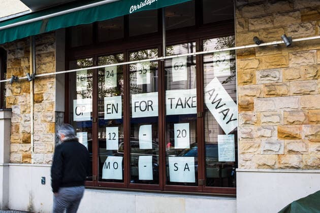 Corona, Restaurants, Restrictions, Berlin OPEN FOR TAKE AWAY is written in large letters in full size on the window pane of a restaurant in Mommsenstrasse, Berlin Charlottenburg Corona Coronavirus Shutdown Restrictions Handling Corona Corona Everyday life Restaurants OPEN FOR TAKE AWAY Take away Berlin Berlin Deu