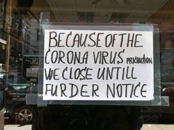 April 14, 2020, New York, New York, USA: Despite a few spelling errors this handwritten sign on a barber shop in lower manhattan nyc gets its unfortunate message out. New York USA - ZUMAh156 20200414_znp_h156_003 Copyright: xMiloxHessx