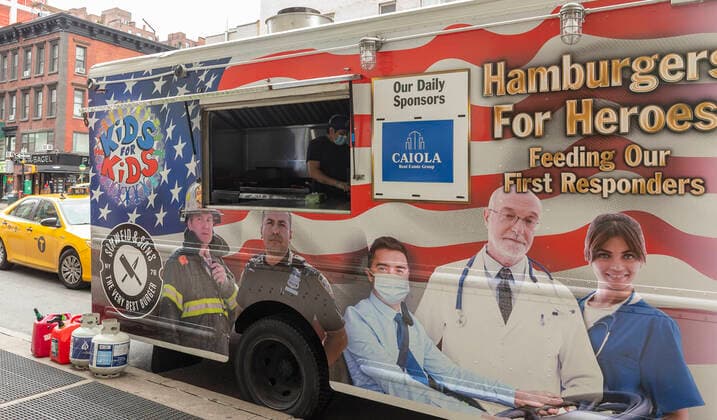 Live in NYC amid COVID-19 epidemic Food truck Hard Times Sundaes serves free lunch for front line medical staff at Lenox Hill Hospital New York New York United States Copyright: LevxRadin