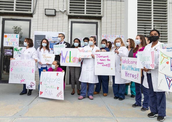 Northwell Institute for Nursing welcomes nurses Northwell Institute for Nursing welcomes 46 Cross Country nurses who crossed America to support local nursing staff New Hyde Park New York United States Copyright: LevxRadin