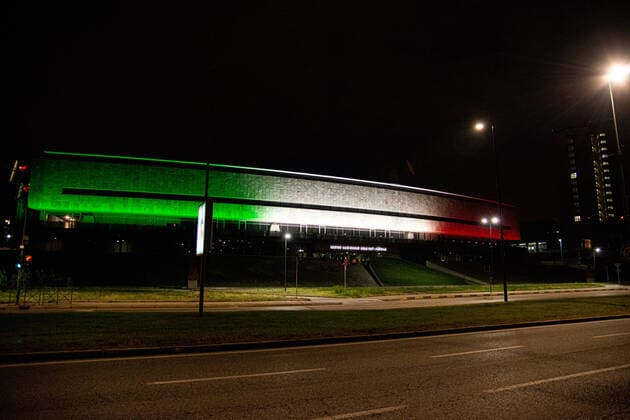 Italy: Turin lockdown 14th April 2020 A view shows the Museo Of Automobile Turin with the colors of the Italian national flag to express solidarity and cohesion during COVID-19 emergencyon April 14, 2020 in Italy, during the c ountry s lockdown aimed at curbing the spread of the COVID-19 infection, caused by the novel coronavirus. Turin Piedmont Turin Italy Copyright: AlbertoxGandolfo