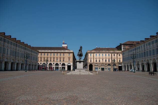 Italy: Turin lockdown 14th April 2020 A view shows Piazza San Carlo and a deserted Turin on April 14, 2020 in Italy, during the country s lockdown aimed at curbing the spread of the COVID-19 infection, caused by the novel coronavirus. Turin Piedmont Turin Italy Copyright: AlbertoxGandolfo