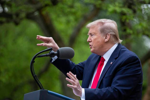 April 14, 2020, Washington, District of Columbia, USA: United States President Donald J. Trump delivers remarks during a news conference in the Rose Garden of the White House in Washington D.C., U.S. on Tuesday, April 14, 2020. Trump announced that he has instructed his administration to halt funding to WHO, the World Health Organization. Washington USA - ZUMAs152 20200414_zaa_s152_098 Copyright: xStefanixReynoldsx