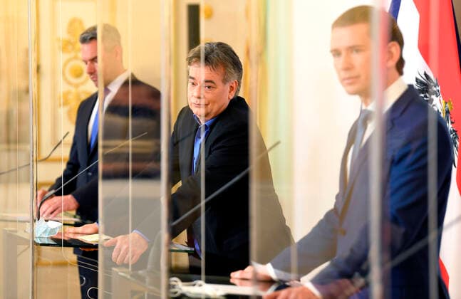Vienna 14 04 2020, Federal Chancellery, Vienna, AUT, Current developments on corona disease in Austria, press conference News on the corona crisis, in picture from Minister of the Interior Karl Nehammer OeVP , Vice Chancellor Werner Kogler G , Federal Chancellor Sebastian Kurz OeVP and Minister of Health Rudolf Anschober G during a press conference of Austrian Goverment about the Coronavirus  EP_str