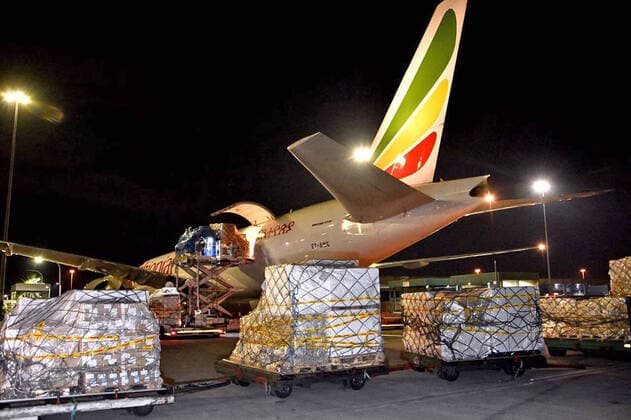 (200415) -- JOHANNESBURG, April 15, 2020 -- The medical supplies donated by China arrive at Or Tambo International Airport in Johannesburg, South Africa, April 14, 2020. South Africa received the medical supplies donated by China to help with the fight against COVID-19, according to the Department of International Relations and Cooperation. The supplies arrived Monday night at Or Tambo International Airport in Johannesburg and were received on Tuesday by Health Minister Mkhize and Naledi Pandor, Minister of International Relations and Cooperation. (Chinese Embassy to South Africa Handout via Xinhua) SOUTH AFRICA-JOHANNESBURG-CHINA-MEDICAL SUPPLIES-DONATION-COVID-19 ChenxCheng 