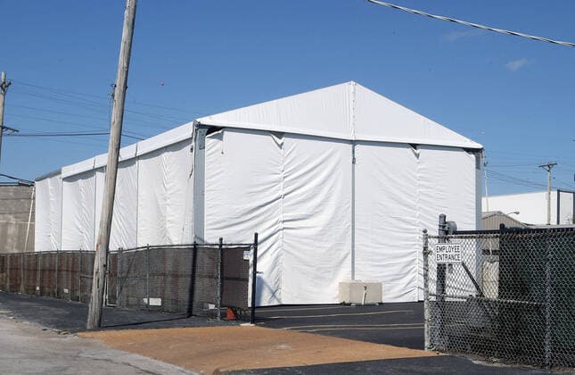 The City of St. Louis has constructed a large tent-like building on the grounds of St. Louis Creamation, that could hold an overflow of bodies that die from coronavirus, if needed, in St. Louis on Wednesday, April 15, 2020. St. Louis has had 26 deaths from the virus.  SLP2020041501 BILLxGREENBLATT