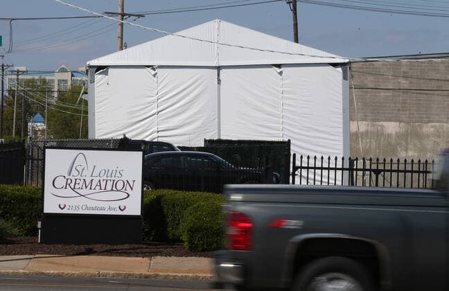 The City of St. Louis has constructed a large tent-like building on the grounds of St. Louis Creamation, that could hold an overflow of bodies that die from coronavirus, if needed, in St. Louis on Wednesday, April 15, 2020. St. Louis has had 26 deaths from the virus.  SLP2020041502 BILLxGREENBLATT