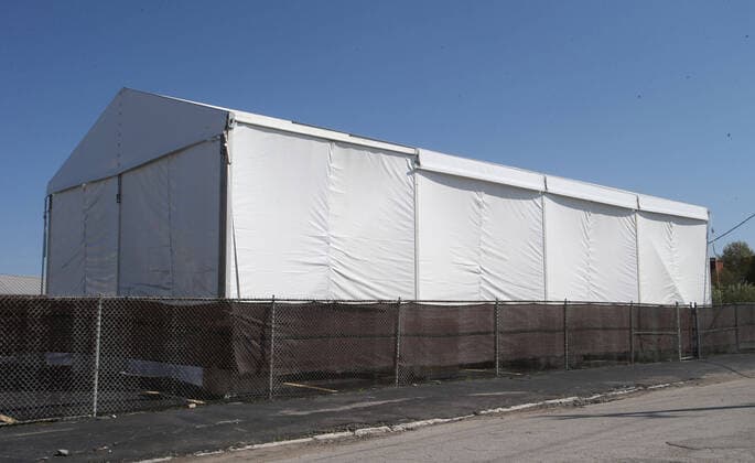 The City of St. Louis has constructed a large tent-like building on the grounds of St. Louis Creamation, that could hold an overflow of bodies that die from coronavirus, if needed, in St. Louis on Wednesday, April 15, 2020. St. Louis has had 26 deaths from the virus.  SLP2020041503 BILLxGREENBLATT