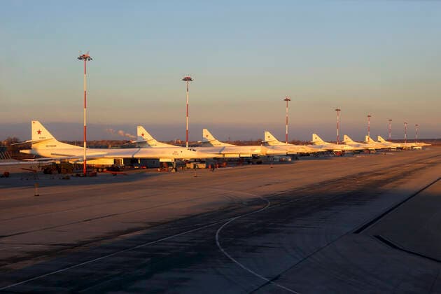 Line of Tupolev Tu-160 strategic bombers of the Russian Air Force parked at Engels Air Force Base, Russia. Copyright: ArtyomxAnikeev StocktrekxImages ANK100643M