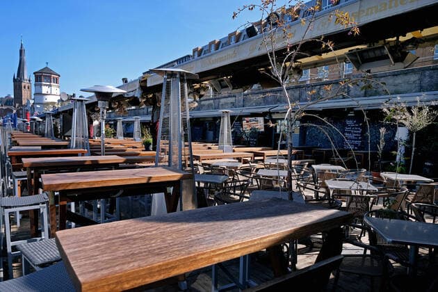 Empty restaurants and bars along the Rhine promenade in Düsseldorf during the Corona crisis,