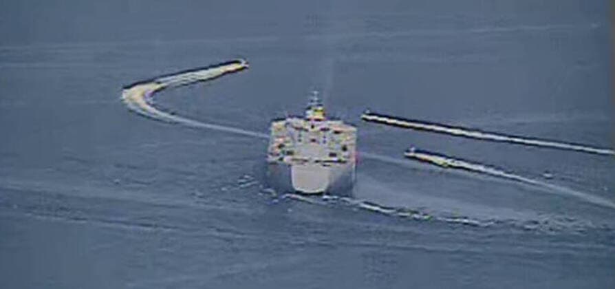 NORTH ARABIAN GULF (April 15, 2020) Iranian Islamic Revolutionary Guard Corps Navy (IRGCN) vessels conducted unsafe and unprofessional actions against U.S. Military ships by crossing the ships? bows and sterns at close range while operating in international waters of the North Arabian Gulf. The expeditionary mobile sea base USS Lewis B. Puller (ESB 3) is conducting joint interoperability operations in support of maritime security in the U.S. 5th Fleet area of operations. Where: Arabian Gulf When: 15 Apr 2020 Credit: Cover Images **Editorial use only ** Copyright: xx 40449624 EDITORIAL USE ONLY. NOT FOR USE BY NEWSPAPERS BASED IN THE UK.