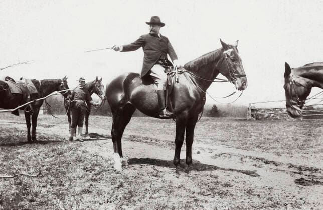 President Theodore Roosevelt on horseback, selecting the next member of his outing party to jump the hurdles. Original by Barnett McFee Clinedinst, circa 1907. Copyright: JohnxParrot StocktrekxImages JPA500280A