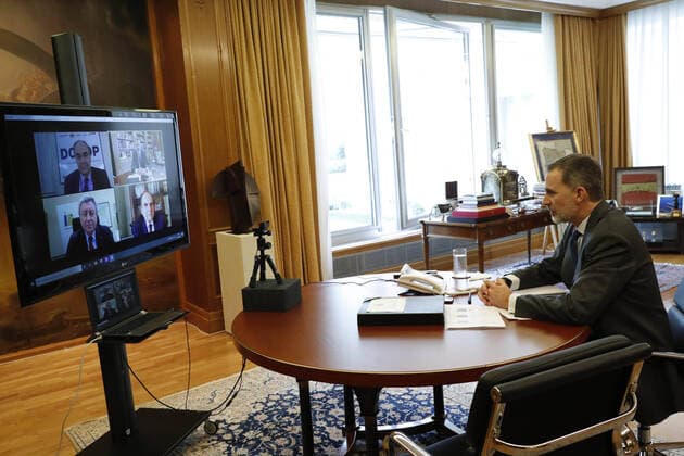 17-04-2020 Madrid King Felipe attends a videoconference with the Andalusian olive growers at Zarzuela Palace in Madrid, Spain  Copyright: xPPEx