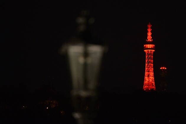 The Petrin Lookout Tower shines red in support of World Hemophilia Day, on April 17, 2020, in Prague, Czech Republic. (CTKxPhoto KaterinaxSulova) CTKPhotoP202004170947901 _SUK5639