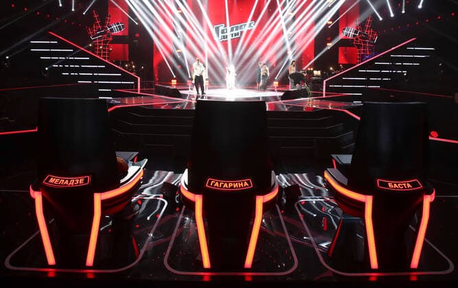 MOSCOW, RUSSIA - APRIL 17, 2020: Filming a live broadcast of an episode of The Voice Kids Russia reality television singing competition. The show is shot without audience amid the COVID-19 coronavirus pandemic. Vyacheslav Prokofyev TASS  TS0D62CA