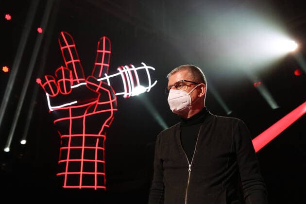 MOSCOW, RUSSIA - APRIL 17, 2020: Yuri Aksyuta, head of the Music Broadcasting Department of the Channel One television company, while filming a live broadcast of an episode of The Voice Kids Russia reality television singing competition. The show is shot without audience amid the COVID-19 coronavirus pandemic. Vyacheslav Prokofyev TASS  TS0D62CC