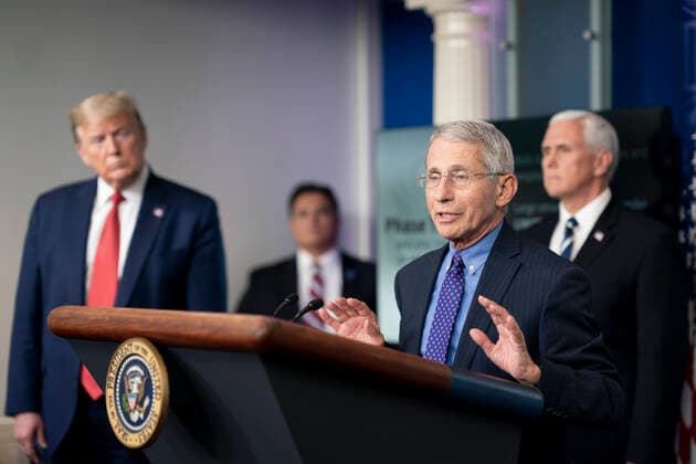April 16, 2020 - Washington, District of Columbia, USA - President Donald J. Trump, joined by Vice President Mike Pence, listen as Director of the National Institute of Allergy and Infectious Diseases Dr. Anthony S. Fauci delivers remarks during a coronavirus update briefing Thursday, April 16, 2020, in the James S. Brady Press Briefing Room of the . Washington USA - ZUMAz03_ 20200416_sha_z03_645 Copyright: xWhitexHousex