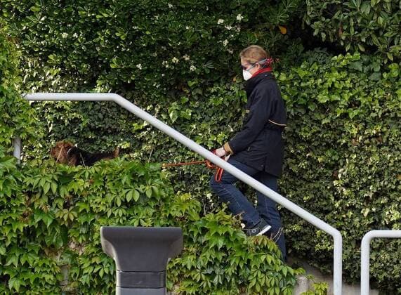 Infanta Elena de Borbon walking her dog through the streets of Madrid Saturday April 18, 2020 Cordon Press