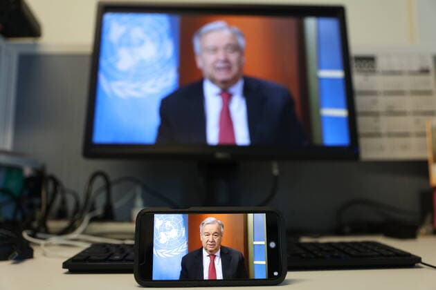 (200419) -- GENEVA, April 19, 2020 -- Photo taken on April 3, 2020 shows UN Secretary-General Antonio Guterres speaking at a virtual press briefing to call on the international community to focus only on the battle against its common enemy of the COVID-19 pandemic, at the United Nations headquarters in New York. ) Xinhua Headlines: WHO s COVID-19 timeline shows objective, scientific, impartial response to global pandemic fight XiexE 