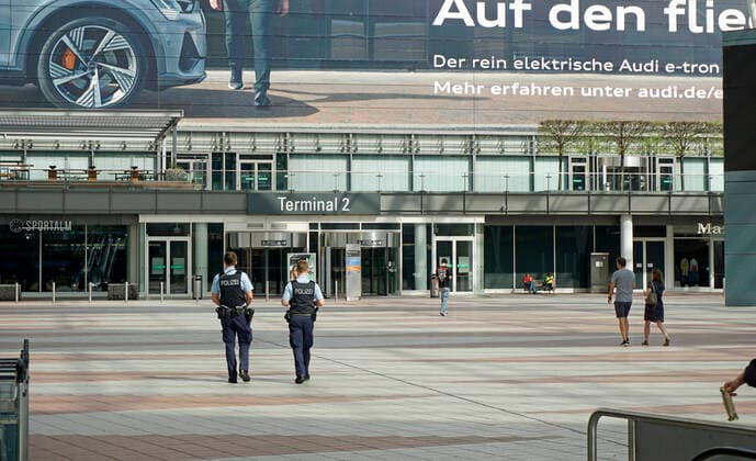 19 04 2020, The Bavarian capital Munich in times of corona crisis Munich Airport on a Saturday afternoon, instead of thousands of passengers and vacationers, the airport is now deserted police officers guard the airport here at the MAC, München Airport Center 19 04 2020, Bavarian capital Munich in times of corona 19 04 2020, Bavarian capital Munich in times of corona