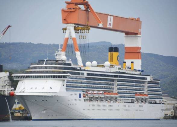 New coronavirus Photo taken April 21, 2020, shows the Costa Atlantica cruise ship anchored at a port in Nagasaki, southwestern Japan. Testing continues after a novel coronavirus infection was confirmed the previous day on the vessel that docked at the port Jan. 29. The vessel carries 623 crew members and no passengers. 