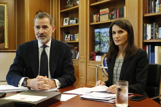 21-04-2020 Madrid Queen Letizia and King Felipe attends a videoconference with Farmaindustria in the context of the coronavirus outbreak COVID19 at Zarzuela Palace in Madrid, Spain  Copyright: xPPEx